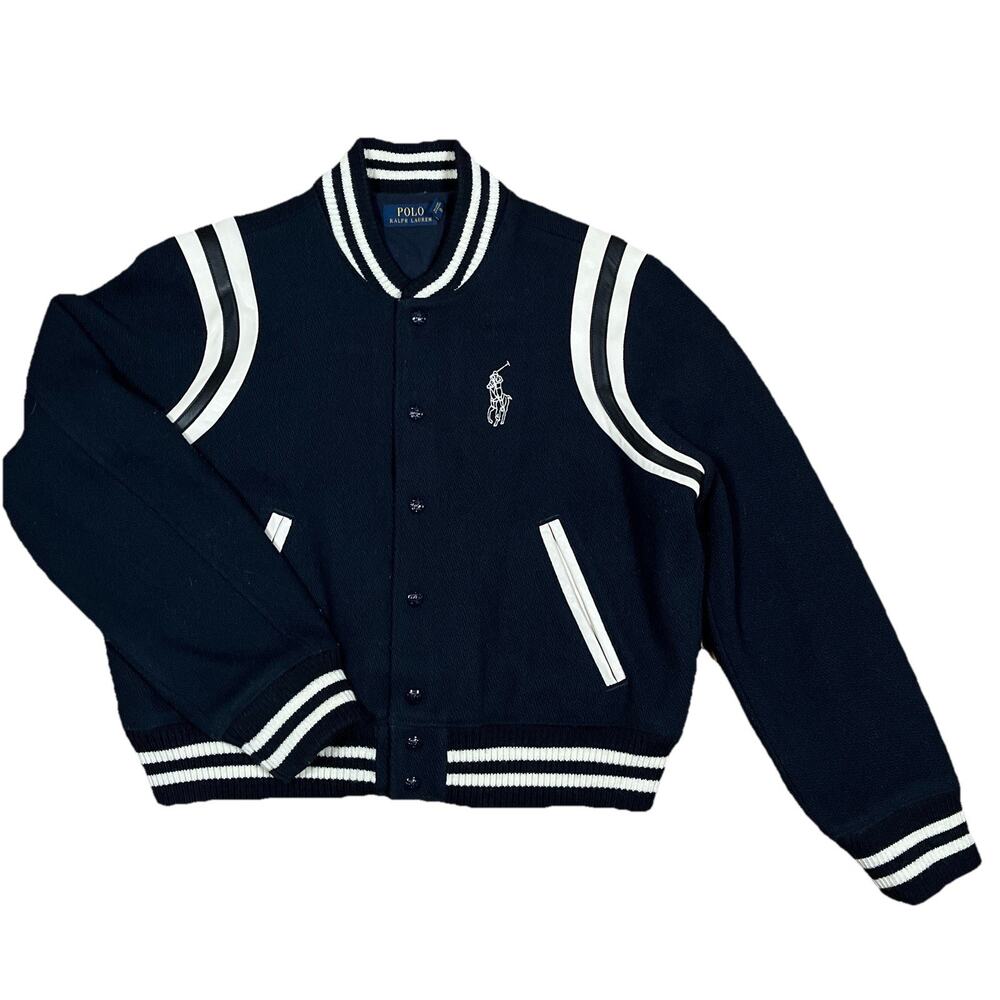 Polo Ralph Lauren Varsity Jacket Spellout Wool Sheep Leather Navy Blue Sz XL